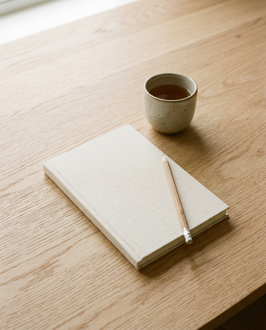 A calm, minimal desk with a notebook and pencil